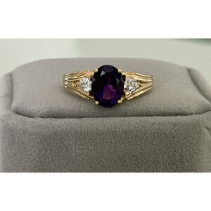 10K Solid Yellow Gold Amethyst & White Topaz Three Stone Ladies Ring Size 7